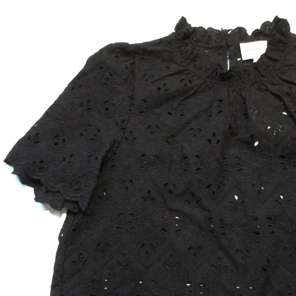 NWT Sezane Louisah Blouse in Noir Black Sheer Eyelet Ruffle Neck Top 46 US 14 - Picture 2 of 10